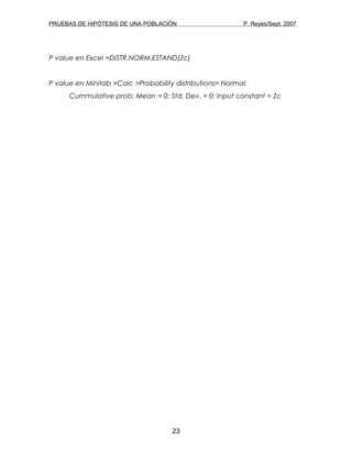 PRUEBAS DE HIPÓTESIS DE UNA POBLACIÓN P. Reyes/Sept. 2007
P value en Excel =DISTR.NORM.ESTAND(Zc)
P value en Minitab >Calc >Probability distributions> Normal:
Cummulative prob; Mean = 0; Std. Dev. = 0; Input constant = Zc
23
 