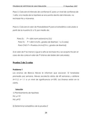 PRUEBAS DE HIPÓTESIS DE UNA POBLACIÓN P. Reyes/Sept. 2007
Paso 5. Calcular el intervalo de confianza IC para un nivel de confianza de
1-alfa, si la media de la hipótesis se encuentra dentro del intervalo, no
rechazar Ho y viceversa.
Paso 6. Calcular el valor de Probabilidad P para el estadístico calculado a
partir de la muestra Zc o Tc por medio de:
Para Zc: P = distr.norm.estand.inv(-Zc)
Para Tc: P = distr.t.inv(Tc, grados de libertad, 1 o 2 colas)
Para Chi2: P = Prueba.chi.inv(Chi c, grados de libertad)
Si el valor de P es menor o igual a alfa se rechaza Ho y se acepta Ha (en el
caso de dos colas el valor de P total es del doble del calculado).
Prueba Z de 2 colas
Problema 1
Los enanos de Blanca Nieves le informan que excavan 12 toneladas
promedio por semana. Nieves recolecta datos de 49 semanas y obtiene
X=11.5, s= 1.1 a un nivel de significancia α=10%. Los Enanos están en lo
cierto.
Solución
1) Planteamiento de hipótesis
Ho: μ=12
Ha: μ≠12
2) Determinar estadístico de la prueba Z
28
 