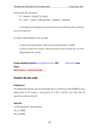 PRUEBAS DE HIPÓTESIS DE UNA POBLACIÓN P. Reyes/Sept. 2007
5) Intervalo de confianza
IC = Media +-Zalfa/2* S/ raiz(n)
IC = 4477 +- 2.053* 1128/raiz(144) = (4284.01, 4669.98)
La media de la hipótesis si se encuentra en el intervalo de confianza,
no se rechaza Ho.
6) Valor P del estadístico de prueba
P =distr.norm.estand(Zc) =distr.norm.estand(-0.245) = 0.4032
Como el valor P es mayor a alfa entonces no se rechaza Ho, no han
descendido las ventas.
Prueba Minitab (Options: Confidence level 98% Alternative Less
Than)
RESULTADOS Y CONCLUSIONES……
Prueba t de dos colas
Problema 4
Un distribuidor piensa que el promedio de sus ventas son de $12000 al mes.
Selecciona n=10 meses y encuentra X=11,277, s=3,772. Aun alfa del 5%
¿qué se puede concluir?
Solución
1) Planteamiento de hipótesis
Ho: μ=12000
Ha: μ≠12000
32
 