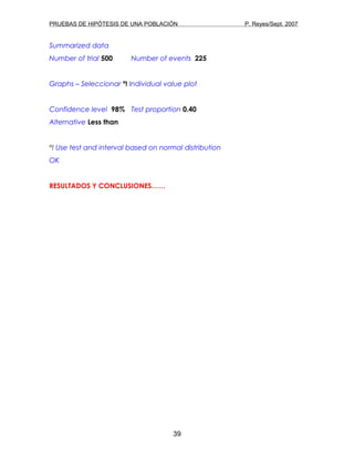 PRUEBAS DE HIPÓTESIS DE UNA POBLACIÓN P. Reyes/Sept. 2007
Summarized data
Number of trial 500 Number of events 225
Graphs – Seleccionar º! Individual value plot
Confidence level 98% Test proportion 0.40
Alternative Less than
º! Use test and interval based on normal distribution
OK
RESULTADOS Y CONCLUSIONES……
39
 