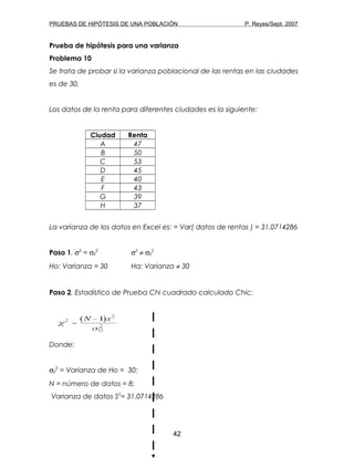 PRUEBAS DE HIPÓTESIS DE UNA POBLACIÓN P. Reyes/Sept. 2007
Prueba de hipótesis para una varianza
Problema 10
Se trata de probar si la varianza poblacional de las rentas en las ciudades
es de 30.
Los datos de la renta para diferentes ciudades es la siguiente:
Ciudad Renta
A 47
B 50
C 53
D 45
E 40
F 43
G 39
H 37
La varianza de los datos en Excel es: = Var( datos de rentas ) = 31.0714286
Paso 1. σ2
= σ0
2
σ2
≠ σ0
2
Ho: Varianza = 30 Ha: Varianza ≠ 30
Paso 2. Estadístico de Prueba Chi cuadrado calculado Chic:
Donde:
σ0
2
= Varianza de Ho = 30;
N = número de datos = 8;
Varianza de datos S2
= 31.0714286
42
 