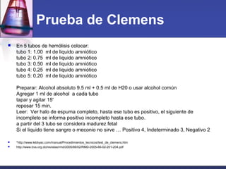 Prueba de Clemens
 En 5 tubos de hemólisis colocar:
tubo 1: 1.00 ml de liquido amniótico
tubo 2: 0.75 ml de liquido amniótico
tubo 3: 0.50 ml de liquido amniótico
tubo 4: 0.25 ml de liquido amniótico
tubo 5: 0.20 ml de liquido amniótico
Preparar: Alcohol absoluto 9.5 ml + 0.5 ml de H20 o usar alcohol común
Agregar 1 ml de alcohol a cada tubo
tapar y agitar 15'
reposar 15 min.
Leer: Ver halo de espuma completo, hasta ese tubo es positivo, el siguiente de
incompleto se informa positivo incompleto hasta ese tubo.
a partir del 3 tubo se considera madurez fetal
Si el liquido tiene sangre o meconio no sirve … Positivo 4, Indeterminado 3, Negativo 2
 *http://www.lebbyac.com/manual/Procedimientos_tecnicos/test_de_clemens.htm
 http://www.bvs.org.do/revistas/rmd/2005/66/02/RMD-2005-66-02-201-204.pdf
 
