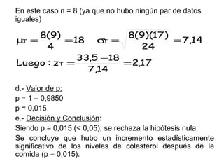 En este caso n = 8 (ya que no hubo ningún par de datos
iguales)

8(9)
8(9)(17 )
µ =
T
= 18 σ =
T
= 7,14
4
24
33,5 −18
Luego : zT =
= 2,17
7,14
d.- Valor de p:
p = 1 – 0,9850
p = 0,015
e.- Decisión y Conclusión:
Siendo p = 0,015 (< 0,05), se rechaza la hipótesis nula.
Se concluye que hubo un incremento estadísticamente
significativo de los niveles de colesterol después de la
comida (p = 0,015).

 