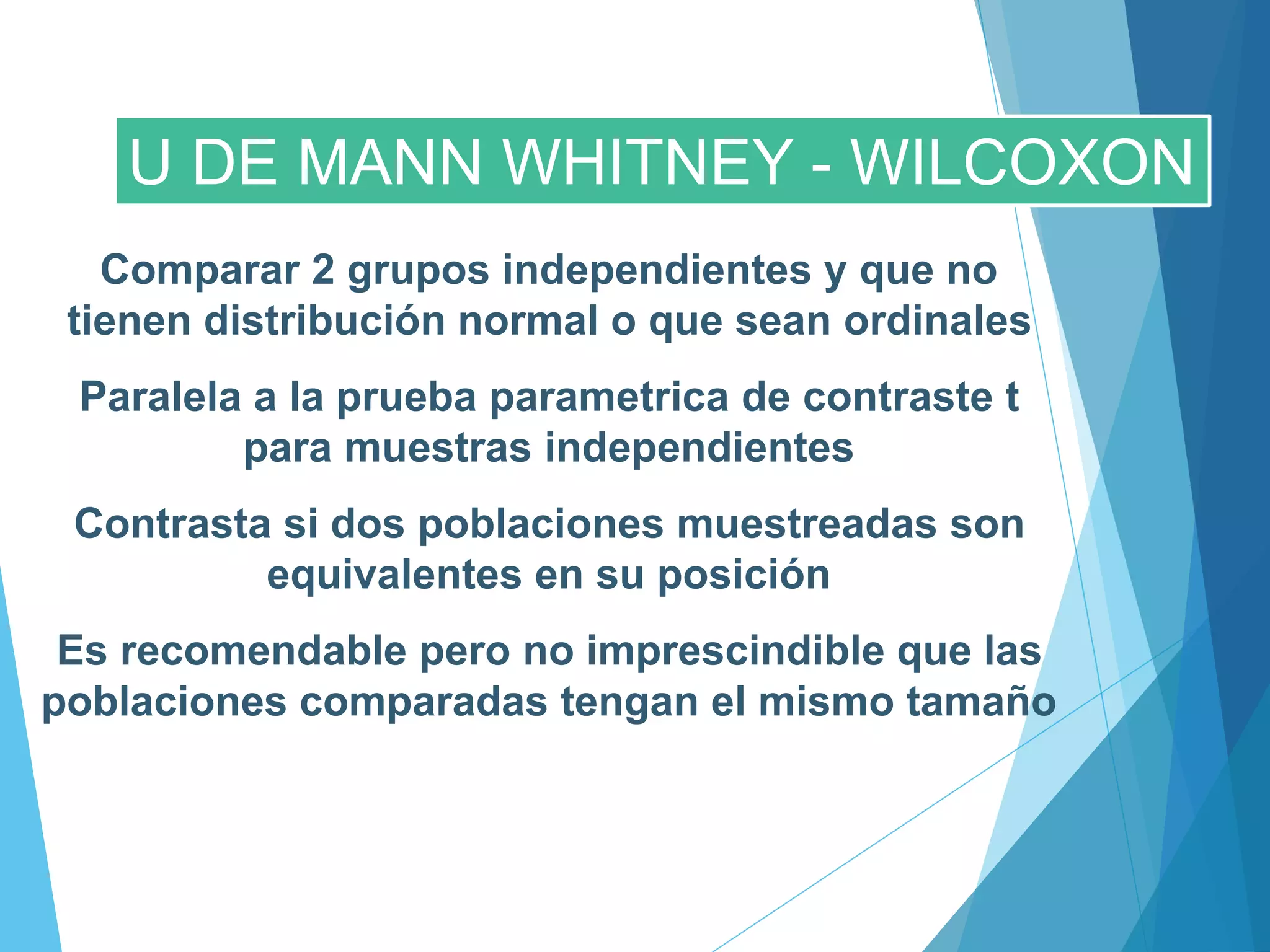 Comparar 2 grupos independientes y que no
tienen distribución normal o que sean ordinales
Paralela a la prueba parametrica de contraste t
para muestras independientes
Contrasta si dos poblaciones muestreadas son
equivalentes en su posición
Es recomendable pero no imprescindible que las
poblaciones comparadas tengan el mismo tamaño
U DE MANN WHITNEY - WILCOXON
 