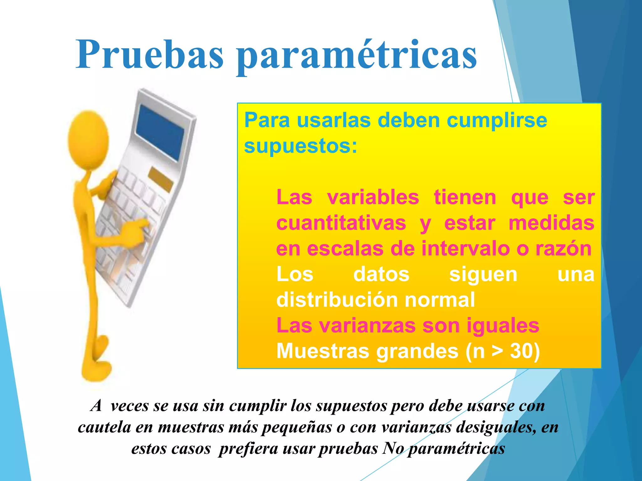 Para usarlas deben cumplirse
supuestos:
Las variables tienen que ser
cuantitativas y estar medidas
en escalas de intervalo o razón
Los datos siguen una
distribución normal
Las varianzas son iguales
Muestras grandes (n > 30)
Pruebas paramétricas
A veces se usa sin cumplir los supuestos pero debe usarse con
cautela en muestras más pequeñas o con varianzas desiguales, en
estos casos prefiera usar pruebas No paramétricas
 