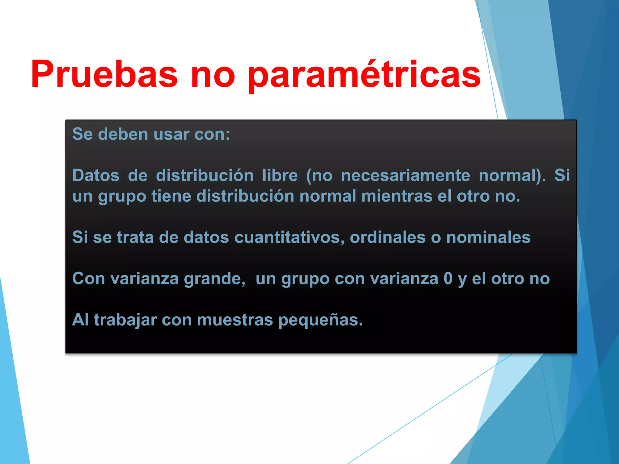 Se deben usar con:
Datos de distribución libre (no necesariamente normal). Si
un grupo tiene distribución normal mientras el otro no.
Si se trata de datos cuantitativos, ordinales o nominales
Con varianza grande, un grupo con varianza 0 y el otro no
Al trabajar con muestras pequeñas.
Pruebas no paramétricas
 