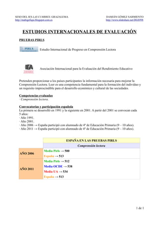 SESO DEL IES LAS CUMBRES. GRAZALEMA DAMIÁN GÓMEZ SARMIENTO 
http://mabigefiqui.blogspot.com.es http://www.slideshare.net/DGS998 
ESTUDIOS INTERNACIONALES DE EVALUACIÓN 
PRUEBAS PIRLS 
Estudio Internacional de Progreso en Comprensión Lectora 
Asociación Internacional para la Evaluación del Rendimiento Educativo 
Pretenden proporcionar a los países participantes la información necesaria para mejorar la 
Comprensión Lectora. Leer es una competencia fundamental para la formación del individuo y 
un requisito imprescindible para el desarrollo económico y cultural de las sociedades. 
Competencias evaluadas 
· Comprensión lectora. 
Convocatorias y participación española 
La primera se desarrolló en 1991 y la siguiente en 2001. A partir del 2001 se convocan cada 
5 años: 
· Año 1991. 
· Año 2001. 
· Año 2006 → España participó con alumnado de 4º de Educación Primaria (9 – 10 años). 
· Año 2011 → España participó con alumnado de 4º de Educación Primaria (9 – 10 años). 
ESPAÑA EN LAS PRUEBAS PIRLS 
Comprensión lectora 
AÑO 2006 
Media Pirls → 500 
España → 513 
AÑO 2011 
Media Pirls → 512 
Media OCDE → 538 
Media UA → 534 
España → 513 
1 de 1 
