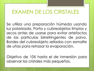 EXAMEN DE LOS CRISTALES
Se utiliza una preparación húmeda usando
luz polarizada. Porta y cubreobjetos limpios y
secos antes de usarse para evitar artefactos
de las partículas birrefringentes de polvo.
Bordes del cubreobjeto sellados con esmalte
de uñas para retrasar la evaporación.
Objetivo de 10X hasta el de inmersión para
observar los cristales más pequeños.

 
