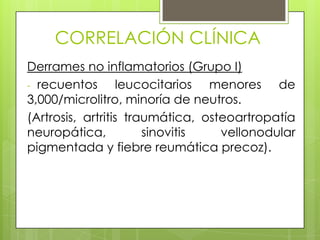 CORRELACIÓN CLÍNICA
Derrames no inflamatorios (Grupo I)
- recuentos
leucocitarios menores de
3,000/microlitro, minoría de neutros.
(Artrosis, artritis traumática, osteoartropatía
neuropática,
sinovitis
vellonodular
pigmentada y fiebre reumática precoz).

 
