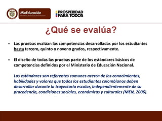  Las pruebas evalúan las competencias desarrolladas por los estudiantes
hasta tercero, quinto o noveno grados, respectivamente.
 El diseño de todas las pruebas parte de los estándares básicos de
competencias definidos por el Ministerio de Educación Nacional.
Los estándares son referentes comunes acerca de los conocimientos,
habilidades y valores que todos los estudiantes colombianos deben
desarrollar durante la trayectoria escolar, independientemente de su
procedencia, condiciones sociales, económicas y culturales (MEN, 2006).
¿Qué se evalúa?
 