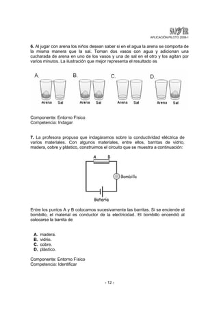 APLICACIÓN PILOTO 2008-1 
6. Al jugar con arena los niños desean saber si en el agua la arena se comporta de 
la misma manera que la sal. Toman dos vasos con agua y adicionan una 
cucharada de arena en uno de los vasos y una de sal en el otro y los agitan por 
varios minutos. La ilustración que mejor representa el resultado es 
- 12 - 
Componente: Entorno Físico 
Competencia: Indagar 
7. La profesora propuso que indagáramos sobre la conductividad eléctrica de 
varios materiales. Con algunos materiales, entre ellos, barritas de vidrio, 
madera, cobre y plástico, construimos el circuito que se muestra a continuación: 
Entre los puntos A y B colocamos sucesivamente las barritas. Si se enciende el 
bombillo, el material es conductor de la electricidad. El bombillo encendió al 
colocarse la barrita de 
A. madera. 
B. vidrio. 
C. cobre. 
D. plástico. 
Componente: Entorno Físico 
Competencia: Identificar 
 