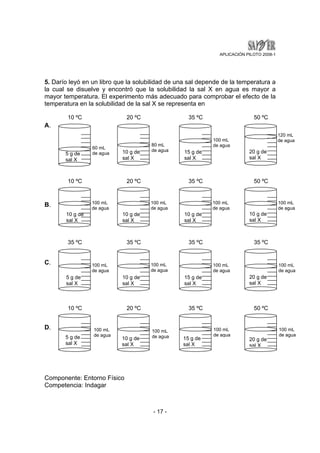 APLICACIÓN PILOTO 2008-1 
5. Darío leyó en un libro que la solubilidad de una sal depende de la temperatura a 
la cual se disuelve y encontró que la solubilidad la sal X en agua es mayor a 
mayor temperatura. El experimento más adecuado para comprobar el efecto de la 
temperatura en la solubilidad de la sal X se representa en 
- 17 - 
A. 
B. 
C. 
D. 
10 ºC 
100 mL 
de agua 
10 g de 
sal X 
Componente: Entorno Físico 
Competencia: Indagar 
20 ºC 
100 mL 
de agua 
10 g de 
sal X 
50 ºC 
100 mL 
de agua 
10 g de 
sal X 
35 ºC 
100 mL 
de agua 
10 g de 
sal X 
10 ºC 
100 mL 
5 g de de agua 
sal X 
20 ºC 
100 mL 
10 g de de agua 
sal X 
50 ºC 
100 mL 
de agua 
20 g de 
sal X 
35 ºC 
100 mL 
de agua 15 g de 
sal X 
35 ºC 
100 mL 
de agua 
5 g de 
sal X 
35 ºC 
100 mL 
de agua 
10 g de 
sal X 
35 ºC 
100 mL 
de agua 
20 g de 
sal X 
35 ºC 
100 mL 
de agua 
15 g de 
sal X 
10 ºC 
60 mL 
5 g de de agua 
sal X 
20 ºC 
80 mL 
10 g de de agua 
sal X 
50 ºC 
120 mL 
de agua 
20 g de 
sal X 
35 ºC 
100 mL 
de agua 
15 g de 
sal X 
 