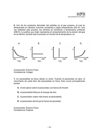 APLICACIÓN PILOTO 2008-1 
6. Uno de los productos derivados del petróleo es el gas propano, el cual es 
almacenado en cilindros (volumen constante) a bajas temperaturas (253 K). Una 
vez realizado este proceso, los cilindros se mantienen a temperatura ambiente 
(298 K). La gráfica que mejor representa el comportamiento de la presión del gas 
en el cilindro, durante todo el proceso en función de la temperatura, es 
- 18 - 
Componente: Entorno Físico 
Competencia: Indagar 
7. Un paracaidista se lanza desde un avión. Cuando el paracaídas se abre, el 
movimiento de caída libre del paracaidista se frena. Esto ocurre principalmente 
porque 
A. el aire ejerce sobre el paracaídas una fuerza de fricción. 
B. el paracaidista flota por el empuje del aire. 
C. el paracaídas vuelve más liviano al paracaidista. 
D. el paracaídas disminuye la fuerza de gravedad. 
Componente: Entorno Físico 
Competencia: Explicar 
 