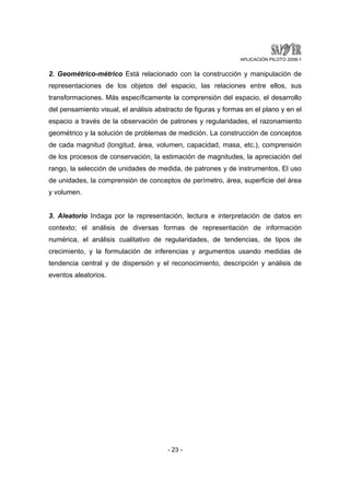 APLICACIÓN PILOTO 2008-1 
2. Geométrico-métrico Está relacionado con la construcción y manipulación de 
representaciones de los objetos del espacio, las relaciones entre ellos, sus 
transformaciones. Más específicamente la comprensión del espacio, el desarrollo 
del pensamiento visual, el análisis abstracto de figuras y formas en el plano y en el 
espacio a través de la observación de patrones y regularidades, el razonamiento 
geométrico y la solución de problemas de medición. La construcción de conceptos 
de cada magnitud (longitud, área, volumen, capacidad, masa, etc.), comprensión 
de los procesos de conservación, la estimación de magnitudes, la apreciación del 
rango, la selección de unidades de medida, de patrones y de instrumentos. El uso 
de unidades, la comprensión de conceptos de perímetro, área, superficie del área 
y volumen. 
3. Aleatorio Indaga por la representación, lectura e interpretación de datos en 
contexto; el análisis de diversas formas de representación de información 
numérica, el análisis cualitativo de regularidades, de tendencias, de tipos de 
crecimiento, y la formulación de inferencias y argumentos usando medidas de 
tendencia central y de dispersión y el reconocimiento, descripción y análisis de 
eventos aleatorios. 
- 23 - 
 