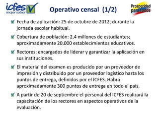 Operativo censal (1/2)
Fecha de aplicación: 25 de octubre de 2012, durante la
jornada escolar habitual.
Cobertura de población: 2,4 millones de estudiantes;
aproximadamente 20.000 establecimientos educativos.
Rectores: encargados de liderar y garantizar la aplicación en
sus instituciones.
El material del examen es producido por un proveedor de
impresión y distribuido por un proveedor logístico hasta los
puntos de entrega, definidos por el ICFES. Habrá
aproximadamente 300 puntos de entrega en todo el país.
A partir de 20 de septiembre el personal del ICFES realizará la
capacitación de los rectores en aspectos operativos de la
evaluación.
 