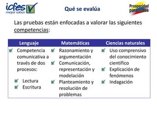 Qué se evalúa

Las pruebas están enfocadas a valorar las siguientes
competencias:

  Lenguaje         Matemáticas       Ciencias naturales
 Competencia      Razonamiento y       Uso comprensivo
 comunicativa a   argumentación        del conocimiento
 través de dos    Comunicación,        científico
 procesos:        representación y     Explicación de
                  modelación           fenómenos
   Lectura        Planteamiento y      Indagación
   Escritura      resolución de
                  problemas
 
