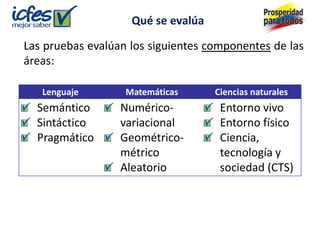 Qué se evalúa

Las pruebas evalúan los siguientes componentes de las
áreas:

   Lenguaje        Matemáticas      Ciencias naturales
  Semántico       Numérico-          Entorno vivo
  Sintáctico      variacional        Entorno físico
  Pragmático      Geométrico-        Ciencia,
                  métrico            tecnología y
                  Aleatorio          sociedad (CTS)
 