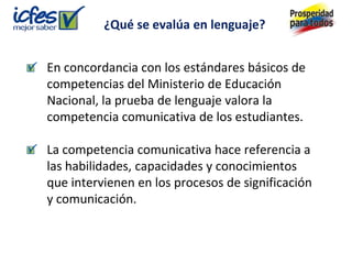 ¿Qué se evalúa en lenguaje?


En concordancia con los estándares básicos de
competencias del Ministerio de Educación
Nacional, la prueba de lenguaje valora la
competencia comunicativa de los estudiantes.

La competencia comunicativa hace referencia a
las habilidades, capacidades y conocimientos
que intervienen en los procesos de significación
y comunicación.
 
