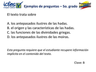 Ejemplos de preguntas – 5o. grado

El texto trata sobre

A. los antepasados ilustres de las hadas.
B. el origen y las características de las hadas.
C. las funciones de las divinidades griegas.
D. los antepasados ilustres de las moiras.


Esta pregunta requiere que el estudiante recupere información
implícita en el contenido del texto.

                                                  Clave: B
 