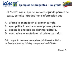 Ejemplos de preguntas – 5o. grado

 El “Pero”, con el que se inicia el segundo párrafo del
 texto, permite introducir una información que

A.   afirma lo anotado en el primer párrafo.
B.   ejemplifica lo anotado en el primer párrafo.
C.   explica lo anotado en el primer párrafo.
D.   contradice lo anotado en el primer párrafo.

Esta pregunta evalúa estrategias explícitas o implícitas
de la organización, tejido y componentes del texto.

                                                    Clave: D
 
