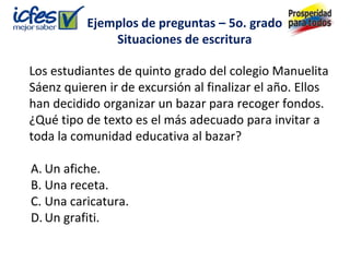 Ejemplos de preguntas – 5o. grado
              Situaciones de escritura

Los estudiantes de quinto grado del colegio Manuelita
Sáenz quieren ir de excursión al finalizar el año. Ellos
han decidido organizar un bazar para recoger fondos.
¿Qué tipo de texto es el más adecuado para invitar a
toda la comunidad educativa al bazar?

A. Un afiche.
B. Una receta.
C. Una caricatura.
D. Un grafiti.
 