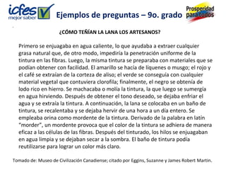 Ejemplos de preguntas – 9o. grado
.
                     ¿CÓMO TEÑÍAN LA LANA LOS ARTESANOS?

    Primero se enjuagaba en agua caliente, lo que ayudaba a extraer cualquier
    grasa natural que, de otro modo, impediría la penetración uniforme de la
    tintura en las fibras. Luego, la misma tintura se preparaba con materiales que se
    podían obtener con facilidad. El amarillo se hacía de líquenes o musgo; el rojo y
    el café se extraían de la corteza de aliso; el verde se conseguía con cualquier
    material vegetal que contuviera clorofila; finalmente, el negro se obtenía de
    lodo rico en hierro. Se machacaba o molía la tintura, la que luego se sumergía
    en agua hirviendo. Después de obtener el tono deseado, se dejaba enfriar el
    agua y se extraía la tintura. A continuación, la lana se colocaba en un baño de
    tintura, se recalentaba y se dejaba hervir de una hora a un día entero. Se
    empleaba orina como mordente de la tintura. Derivado de la palabra en latín
    “morder”, un mordente provoca que el color de la tintura se adhiera de manera
    eficaz a las células de las fibras. Después del tinturado, los hilos se enjuagaban
    en agua limpia y se dejaban secar a la sombra. El baño de tintura podía
    reutilizarse para lograr un color más claro.

Tomado de: Museo de Civilización Canadiense; citado por Eggins, Suzanne y James Robert Martin.
 