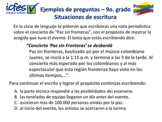 Ejemplos de preguntas – 9o. grado
                     Situaciones de escritura
  En la clase de lenguaje te pidieron que escribieras una nota periodística
  sobre el concierto de “Paz sin fronteras”, con el propósito de mostrar la
  acogida que tuvo el evento. El texto que estás escribiendo dice:
          “Concierto ‘Paz sin Fronteras’ se desbordó
           Paz sin fronteras, bautizado así por el músico colombiano
           Juanes, se inició a la 1:15 p.m. y terminó a las 5 de la tarde. Al
           concierto más esperado por los colombianos y al más
           espectacular que esta región fronteriza haya visto en los
           últimos tiempos,…”.
Para continuar el escrito y lograr el propósito continúas escribiendo:
  A.   la parte técnica respondió a las posibilidades del escenario.
  B.   las toneladas de equipo llegaron un día antes del evento.
  C.   asistieron más de 100.000 personas unidas por la paz.
  D.   al inicio del evento, los artistas se acercaron a la tarima.
 