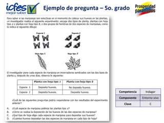 Ejemplo de pregunta – 5o. grado




                           Competencia     Indagar
                           Componente    Entorno vivo
                              Clave           C
 