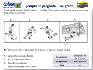 Ejemplo de pregunta – 5o. grado




                                  Explicación de
                    Competencia
                                   fenómenos
                    Componente    Entorno físico
                       Clave            A
 
