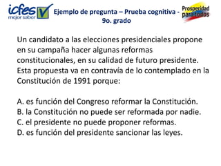 Ejemplo de pregunta – Prueba cognitiva -
                         9o. grado

Un candidato a las elecciones presidenciales propone
en su campaña hacer algunas reformas
constitucionales, en su calidad de futuro presidente.
Esta propuesta va en contravía de lo contemplado en la
Constitución de 1991 porque:

A. es función del Congreso reformar la Constitución.
B. la Constitución no puede ser reformada por nadie.
C. el presidente no puede proponer reformas.
D. es función del presidente sancionar las leyes.
 