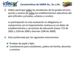 Características de SABER 3o., 5o. y 9o.

3. Deben participar todos los estudiantes de los grados tercero,
   quinto y noveno de todos los establecimientos educativos del
   país (oficiales y privados, urbanos y rurales).

   La participación en esta evaluación es obligatoria; el
   compromiso con el mejoramiento continuo es un deber de
   establecimientos y secretarías de educación (Leyes 715 de
   2001 y 1324 de 2009 y Decreto 1290 de 2009).

4. Está conformada por los siguientes instrumentos:

    Pruebas de papel y lápiz
    Cuestionarios para estudiantes, padres de familia, docentes
    y rectores
 