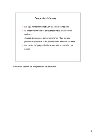5
• Las IgM normalmente reflejan una infección reciente
• El aumento del título de anticuerpos indica una infección
reciente
• A veces, simplemente con determinar un título elevado
podemos suponer que se ha producido una infección reciente
• Los títulos de IgG por sí solos suelen indicar uan infección
pasada
Conceptos básicos
Conceptos básicos de interpretación de resultados
 