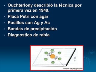 • Ouchterlony describió la técnica por
primera vez en 1949.
• Placa Petri con agar
• Pocillos con Ag y Ac
• Bandas de precipitación
• Diagnostico de rabia
 