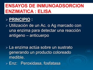  PRINCIPIO :
 Utilización de un Ac. o Ag marcado con
una enzima para detectar una reacción
antígeno – anticuerpo
 La enzima actúa sobre un sustrato
generando un producto coloreado
medible.
 Enz: Peroxidasa, fosfatasa
ENSAYOS DE INMUNOADSORCION
ENZIMATICA : ELISA
 
