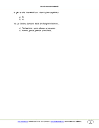 RecursosEducativosVillaEduca®
www.villaeduca.cl –VillaEduca® -Crecer. Educar. Innovar –consultas@villaeduca.cl –CienciasNaturales 1º BÁSICO 7
9. ¿Es el aire una necesidad básica para los peces?
a) Si
b) No
10. La cubierta corporal de un animal puede ser de…
a) Piel húmeda, pelos, plumas y escamas
b) madera, pelos, plumas y escamas.
 