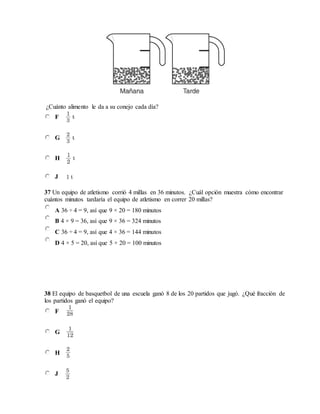 ¿Cuánto alimento le da a su conejo cada día?
F
G
H
J
37 Un equipo de atletismo corrió 4 millas en 36 minutos. ¿Cuál opción muestra cómo encontrar
cuántos minutos tardaría el equipo de atletismo en correr 20 millas?
A 36 ÷ 4 = 9, así que 9 × 20 = 180 minutos
B 4 × 9 = 36, así que 9 × 36 = 324 minutos
C 36 ÷ 4 = 9, así que 4 × 36 = 144 minutos
D 4 × 5 = 20, así que 5 × 20 = 100 minutos
38 El equipo de basquetbol de una escuela ganó 8 de los 20 partidos que jugó. ¿Qué fracción de
los partidos ganó el equipo?
F
G
H
J
 
