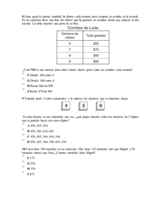 8 Luisa gasta la misma cantidad de dinero cada semana para comprar su comida en la escuela.
En un cuaderno lleva una lista del dinero que ha gastado en comidas desde que empezó el año
escolar. La tabla muestra una parte de su lista.
¿Cuál NO es una manera para saber cuánto dinero gasta Luisa en comidas cada semana?
F Dividir $90 entre 9
G Dividir $60 entre 6
H Restar $60 de $90
J Restar $70 de $80
9 Yolanda lanzó 3 cubos numerados y le salieron los números que se muestran abajo.
Si cada número se usa solamente una vez, ¿qué grupo muestra todos los números de 3 dígitos
que se pueden hacer con estos dígitos?
A 456, 565, 654
B 456, 546, 654, 645
C 456, 465, 564, 654, 546
D 456, 465, 564, 546, 645, 654
10 Carol tiene 300 monedas en su colección. Ella tiene 125 monedas más que Miguel y 50
monedas menos que Sara. ¿Cuántas monedas tiene Miguel?
F 175
G 250
H 350
J 475
 