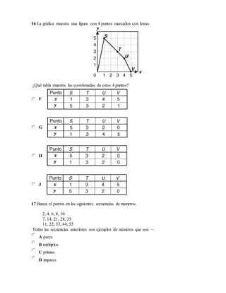 16 La gráfica muestra una figura con 4 puntos marcados con letras.
¿Qué tabla muestra las coordenadas de estos 4 puntos?
F
G
H
J
17 Busca el patrón en las siguientes secuencias de números.
2, 4, 6, 8, 10
7, 14, 21, 28, 35
11, 22, 33, 44, 55
Todas las secuencias anteriores son ejemplos de números que son —
A pares
B múltiplos
C primos
D impares
 