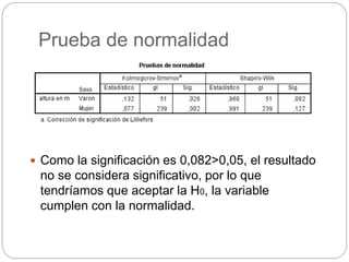 Prueba de normalidad
 Como la significación es 0,082>0,05, el resultado
no se considera significativo, por lo que
tendríamos que aceptar la H0, la variable
cumplen con la normalidad.
 