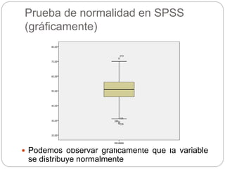 Prueba de normalidad en SPSS
(gráficamente)
 Podemos observar gráficamente que la variable
se distribuye normalmente
 