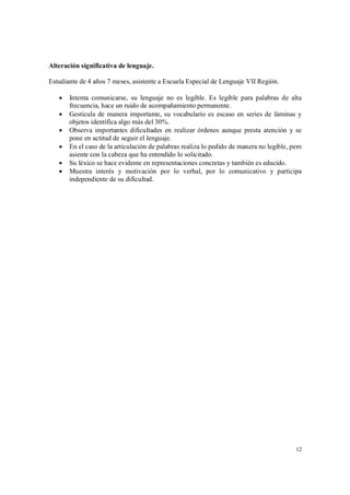 12
Alteración significativa de lenguaje.
Estudiante de 4 años 7 meses, asistente a Escuela Especial de Lenguaje VII Región.
 Intenta comunicarse, su lenguaje no es legible. Es legible para palabras de alta
frecuencia, hace un ruido de acompañamiento permanente.
 Gesticula de manera importante, su vocabulario es escaso en series de láminas y
objetos identifica algo más del 30%.
 Observa importantes dificultades en realizar órdenes aunque presta atención y se
pone en actitud de seguir el lenguaje.
 En el caso de la articulación de palabras realiza lo pedido de manera no legible, pero
asiente con la cabeza que ha entendido lo solicitado.
 Su léxico se hace evidente en representaciones concretas y también es educido.
 Muestra interés y motivación por lo verbal, por lo comunicativo y participa
independiente de su dificultad.
 