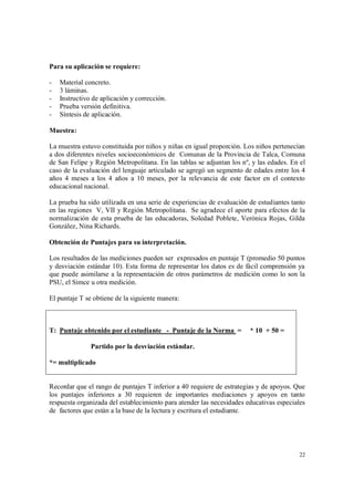 22
Para su aplicación se requiere:
- Material concreto.
- 3 láminas.
- Instructivo de aplicación y corrección.
- Prueba versión definitiva.
- Síntesis de aplicación.
Muestra:
La muestra estuvo constituida por niños y niñas en igual proporción. Los niños pertenecían
a dos diferentes niveles socioeconómicos de Comunas de la Provincia de Talca, Comuna
de San Felipe y Región Metropolitana. En las tablas se adjuntan los nº, y las edades. En el
caso de la evaluación del lenguaje articulado se agregó un segmento de edades entre los 4
años 4 meses a los 4 años a 10 meses, por la relevancia de este factor en el contexto
educacional nacional.
La prueba ha sido utilizada en una serie de experiencias de evaluación de estudiantes tanto
en las regiones V, VII y Región Metropolitana. Se agradece el aporte para efectos de la
normalización de esta prueba de las educadoras, Soledad Poblete, Verónica Rojas, Gilda
González, Nina Richards.
Obtención de Puntajes para su interpretación.
Los resultados de las mediciones pueden ser expresados en puntaje T (promedio 50 puntos
y desviación estándar 10). Esta forma de representar los datos es de fácil comprensión ya
que puede asimilarse a la representación de otros parámetros de medición como lo son la
PSU, el Simce u otra medición.
El puntaje T se obtiene de la siguiente manera:
T: Puntaje obtenido por el estudiante - Puntaje de la Norma = * 10 + 50 =
Partido por la desviación estándar.
*= multiplicado
Recordar que el rango de puntajes T inferior a 40 requiere de estrategias y de apoyos. Que
los puntajes inferiores a 30 requieren de importantes mediaciones y apoyos en tanto
respuesta organizada del establecimiento para atender las necesidades educativas especiales
de factores que están a la base de la lectura y escritura el estudiante.
 