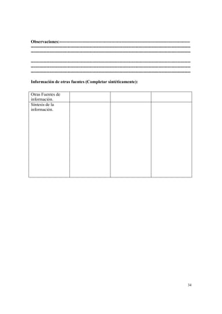 34
Observaciones:------------------------------------------------------------------------------------------
--------------------------------------------------------------------------------------------------------------
--------------------------------------------------------------------------------------------------------------
--------------------------------------------------------------------------------------------------------------
--------------------------------------------------------------------------------------------------------------
--------------------------------------------------------------------------------------------------------------
Información de otras fuentes (Completar sintéticamente):
Otras Fuentes de
información.
Síntesis de la
información.
 