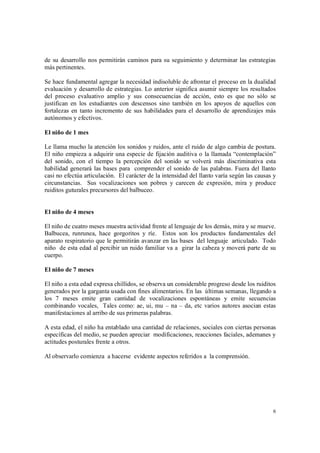 6
de su desarrollo nos permitirán caminos para su seguimiento y determinar las estrategias
más pertinentes.
Se hace fundamental agregar la necesidad indisoluble de afrontar el proceso en la dualidad
evaluación y desarrollo de estrategias. Lo anterior significa asumir siempre los resultados
del proceso evaluativo amplio y sus consecuencias de acción, esto es que no sólo se
justifican en los estudiantes con descensos sino también en los apoyos de aquellos con
fortalezas en tanto incremento de sus habilidades para el desarrollo de aprendizajes más
autónomos y efectivos.
El niño de 1 mes
Le llama mucho la atención los sonidos y ruidos, ante el ruido de algo cambia de postura.
El niño empieza a adquirir una especie de fijación auditiva o la llamada “contemplación”
del sonido, con el tiempo la percepción del sonido se volverá más discriminativa esta
habilidad generará las bases para comprender el sonido de las palabras. Fuera del llanto
casi no efectúa articulación. El carácter de la intensidad del llanto varía según las causas y
circunstancias. Sus vocalizaciones son pobres y carecen de expresión, mira y produce
ruiditos guturales precursores del balbuceo.
El niño de 4 meses
El niño de cuatro meses muestra actividad frente al lenguaje de los demás, mira y se mueve.
Balbucea, runrunea, hace gorgoritos y ríe. Estos son los productos fundamentales del
aparato respiratorio que le permitirán avanzar en las bases del lenguaje articulado. Todo
niño de esta edad al percibir un ruido familiar va a girar la cabeza y moverá parte de su
cuerpo.
El niño de 7 meses
El niño a esta edad expresa chillidos, se observa un considerable progreso desde los ruiditos
generados por la garganta usada con fines alimentarios. En las últimas semanas, llegando a
los 7 meses emite gran cantidad de vocalizaciones espontáneas y emite secuencias
combinando vocales, Tales como: ae, ui, mu – na – da, etc varios autores asocian estas
manifestaciones al arribo de sus primeras palabras.
A esta edad, el niño ha entablado una cantidad de relaciones, sociales con ciertas personas
específicas del medio, se pueden apreciar modificaciones, reacciones faciales, ademanes y
actitudes posturales frente a otros.
Al observarlo comienza a hacerse evidente aspectos referidos a la comprensión.
 