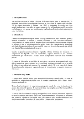 7
El niño de 10 semanas
La creciente destreza de labios y lengua, de la musculatura para la masticación y la
deglución, los combina con su facultad imitativa. Se hace clara la vocalización articulada.
Usa de manera recurrente el llamado “blu – blu” o agrupación de sonidos de cierta
complejidad que son expresados de manera recurrente. La habilidad para modificar sonidos
con la lengua es otro aporte que tendrá muchas implicaciones fonémicas tanto cuantitativas
como cualitativas.
El niño de 1 año
Un niño de l año presenta un gran interés social y comunicativo, imita ademanes, gestos y
sonidos. Responde a su nombre y entiende claramente el NO. En algunos casos hace
varias palabras de manera general. Aunque algunos niños ya elaboren numerosas palabras
lo habitual es que en términos promedios utiliza una o dos palabras en su vocabulario
articulado. Comprende órdenes de una variable como por ejemplo al preguntársele ¿dónde
esta el autito? Lo mirará o tratará de cogerlo.
Escucha las palabras con más atención y repite las palabras familiares por imitación. Su
comprensión no depende sólo del vocabulario, depende también de su madurez
neuromotriz, que será lo que, a su vez, le hará usar palabras adecuadas en el momento
preciso.
Es capaz de diferenciar un cuchillo, de un tenedor, encontrar la correspondencia entre
objetos y palabras; esto representa un extraordinario progreso comparado con la sacudida
de cabeza. Avanzando al año y meses ha empezado a decir NO en el plano de la lógica.
Desarrolla muchas palabras y organiza formas de comunicación en algunos casos muy
elaboradas.
El niño de un año y medio
La conducta del lenguaje abarca, tanto la comprensión como la comunicación y es capaz de
comunicar a los demás una amplia gama de estados emocionales; dolor, placer, miedo,
disgusto, ansiedad, etc.
Desarrolla el soliloquio y el juego comunica agrado cuando las cosas o situaciones les
gustan. Lo anterior le permite de manera rápida y muy amplia desarrollar más palabras,
frases y organizar su comunicación con otros.
El niño en esta edad utiliza su lenguaje, interpretando roles: al chofer, enfermera, reproduce
escenas de compras, la visita del médico, etc. Improvisa melodías al despertar en la mañana
que aparecen sin motivación alguna. Toda esta conducta cobra un valor evolutivo, para
ampliar significados, intenciones de intercambios y para precisar las palabras.
 