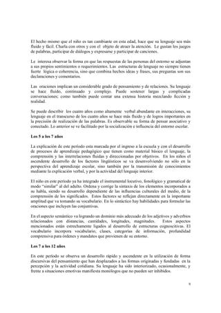 9
El hecho mismo que el niño es tan cambiante en esta edad, hace que su lenguaje sea más
fluido y fácil. Charla con otros y con el objeto de atraer la atención. Le gustan los juegos
de palabras, participar de diálogos y expresarse y participar de canciones.
Le interesa observar la forma en que las respuestas de las personas del entorno se adjuntan
a sus propios sentimientos o requerimientos. Las estructuras de lenguaje no siempre tienen
fuerte lógica o coherencia, sino que combina hechos ideas y frases, sus preguntas son sus
declaraciones y comentarios.
Las oraciones implican un considerable grado de pensamiento y de relaciones. Su lenguaje
se hace fluido, continuado y complejo. Puede sostener largas y complicadas
conversaciones; como también puede contar una extensa historia mezclando ficción y
realidad.
Se puede describir los cuatro años como altamente verbal abundante en interacciones, su
lenguaje en el transcurso de los cuatro años se hace más fluido y de logros importantes en
la precisión de realización de las palabras. Es observable su forma de pensar asociativo y
conectado. Lo anterior se ve facilitado por la socialización e influencia del entorno escolar.
Los 5 a los 7 años
La explicación de este período esta marcada por el ingreso a la escuela y con el desarrollo
de procesos de aprendizaje pedagógico que tienen como material básico el lenguaje, la
comprensión y las interrelaciones fluidas y direccionadas por objetivos. En los niños el
ascendente desarrollo de los factores lingüísticos se va desenvolviendo no sólo en la
perspectiva del aprendizaje escolar, sino también por la transmisión de conocimientos
mediante la explicación verbal, y por la actividad del lenguaje interior.
El niño en este período ya ha integrado el instrumental locutivo, fonológico y gramatical de
modo “similar” al del adulto. Ordena y corrige la sintaxis de los elementos incorporados a
su habla, siendo su desarrollo dependiente de las influencias culturales del medio, de la
comprensión de los significados. Estos factores se reflejan directamente en la importante
amplitud que va tomando su vocabulario. En lo sintáctico hay habilidades para formular las
oraciones que incluyen las conjuntivas.
En el aspecto semántico va logrando un dominio más adecuado de los adjetivos y adverbios
relacionados con distancias, cantidades, longitudes, magnitudes. Estos aspectos
mencionados están estrechamente ligados al desarrollo de estructuras cognoscitivas. El
vocabulario incorpora vocabulario, clases, categorías de información, profundidad
comprensiva para órdenes y mandatos que provienen de su entorno.
Los 7 a los 12 años
En este período se observa un desarrollo rápido y ascendente en la utilización de forma
discursivas del pensamiento que han desplazados a las formas originadas y fundadas en la
percepción y la actividad cotidiana. Su lenguaje ha sido interiorizado, ocasionalmente, y
frente a situaciones emotivas manifiesta monólogos que no pueden ser inhibidos.
 