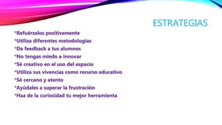 ESTRATEGIAS
*Refuérzalos positivamente
*Utiliza diferentes metodologías
*Da feedback a tus alumnos
*No tengas miedo a innovar
*Sé creativo en el uso del espacio
*Utiliza sus vivencias como recurso educativo
*Sé cercano y atento
*Ayúdales a superar la frustración
*Haz de la curiosidad tu mejor herramienta
 