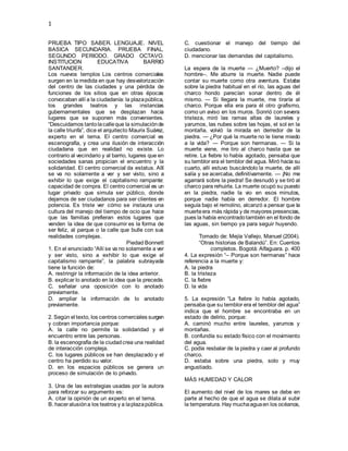 1
PRUEBA TIPO SABER. LENGUAJE. NIVEL
BASICA SECUNDARIA. PRUEBA FINAL.
SEGUNDO PERIODO. GRADO OCTAVO.
INSTITUCION EDUCATIVA...