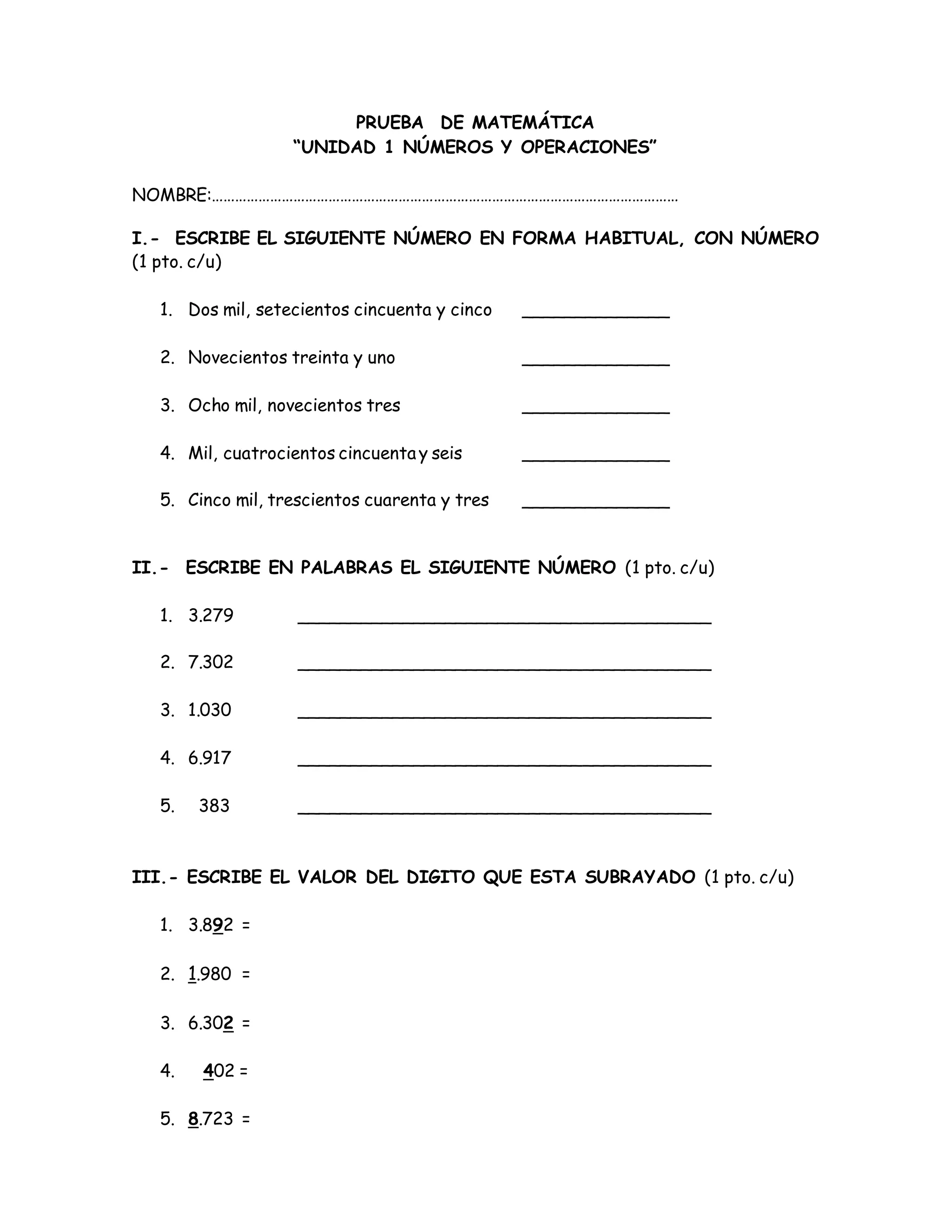 Prueba unidad 1 matematica 4 basico | DOCX