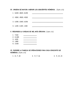 Prueba unidad 1 matematica 4 basico | DOCX
